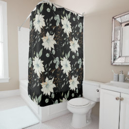 クラシックフローラ白の植物黒の背景 シャワーカーテン