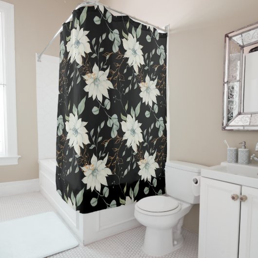 クラシックフローラ白の植物黒の背景 シャワーカーテン (インサイチュ)