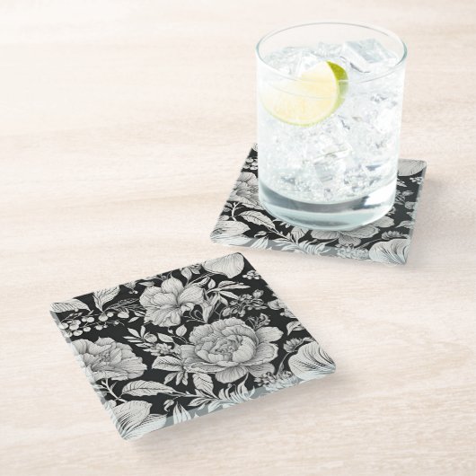 クラシックフローラ白黒ヴィンテージ ガラスコースター (アングル)