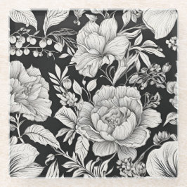 クラシックフローラ白黒ヴィンテージ ガラスコースター