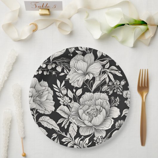クラシックフローラ白黒ヴィンテージ ペーパープレート (ウェディング)