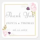 クラシックフローラ金ゴールドフレームピンク素朴ロー結婚ズ スクエアシール (正面)