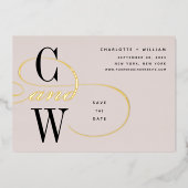 クラシックフローリッシュフォイルモノグラム日付カードを保存 箔招待状 (正面)