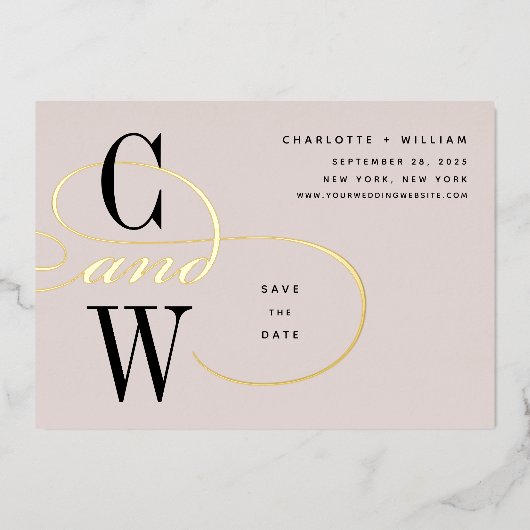 クラシックフローリッシュフォイルモノグラム日付カードを保存 箔招待状 (正面)