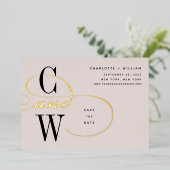 クラシックフローリッシュフォイルモノグラム日付カードを保存 箔招待状 (立ち正面)