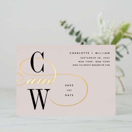 クラシックフローリッシュフォイルモノグラム日付カードを保存 箔招待状 (立ち正面)