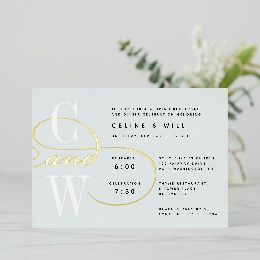 クラシックフローリッシュモノグラムリハーサルディナー 箔招待状 (立ち正面)