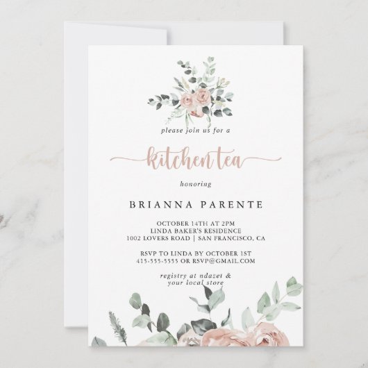 クラシックブライダルシャワーほこりっぽいピンクローズキッチンティー 招待状 (正面)