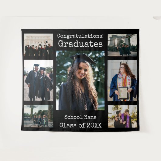 クラシックブラックおめでとう卒業生写真 タペストリー (正面(横))