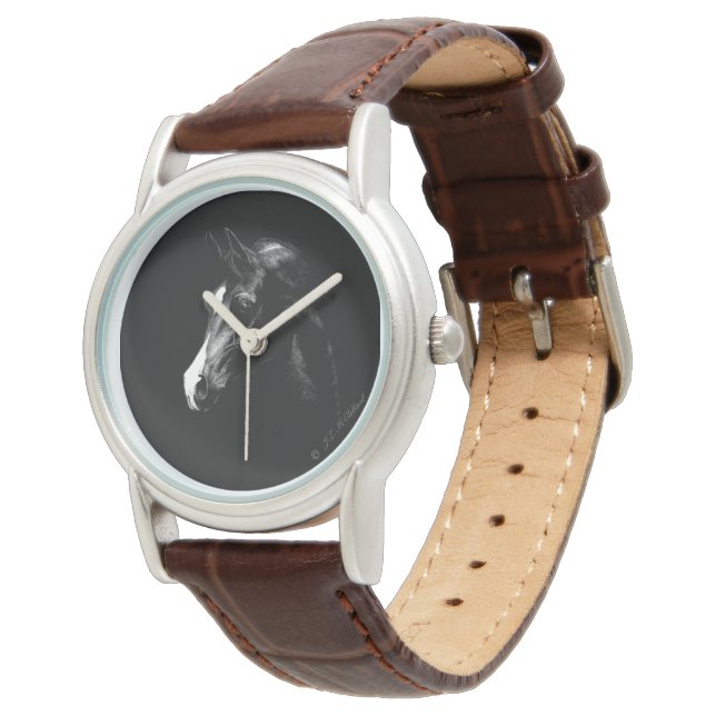 クラシックブラックアラビアンホースアート 腕時計 (アングル)