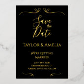 クラシックブラックゴールドフォイル結婚式の日付を保存 箔招待状 (正面)