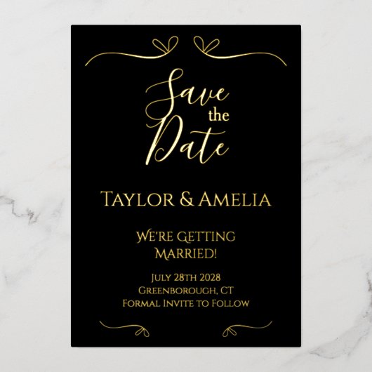 クラシックブラックゴールドフォイル結婚式の日付を保存 箔招待状 (正面)