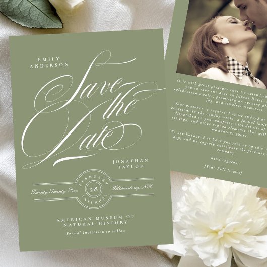 クラシックブラックタイセージ緑の書道写真 セーブザデート