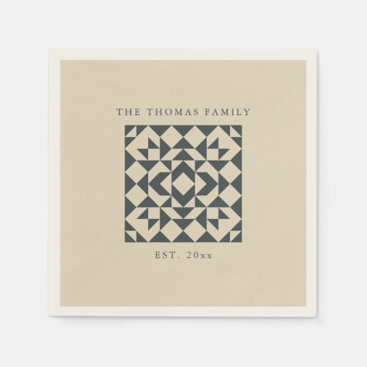 クラシックブラックベージュキルトジオメトリックカスタム スタンダードカクテルナプキン (正面)