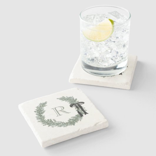 クラシックブラックボウ付きモノグラムリースクレスト ストーンコースター (横)