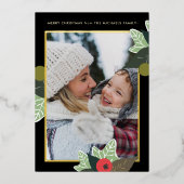 クラシックブラックボタニカルフォトクリスマスカード 箔シーズンカード (正面)