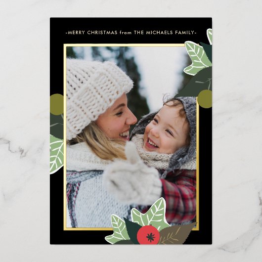 クラシックブラックボタニカルフォトクリスマスカード 箔シーズンカード (正面)