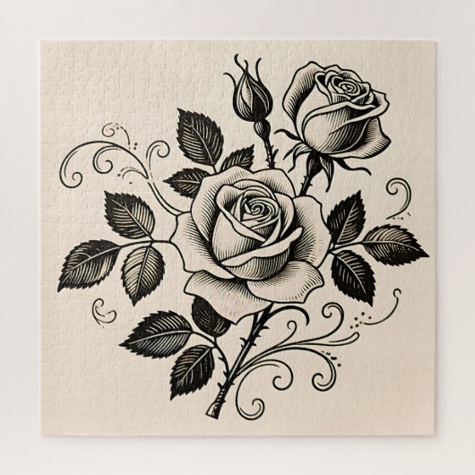 クラシックブラックローズ ヴィンテージ植物画 花 ジグソーパズル (縦)