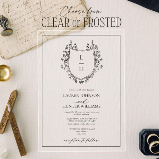 クラシックブラックワイルドフラワーモノグラム結婚クレスト アクリル招待状