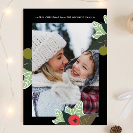 クラシックブラック植物枠2枚フォトクリスマス シーズンカード