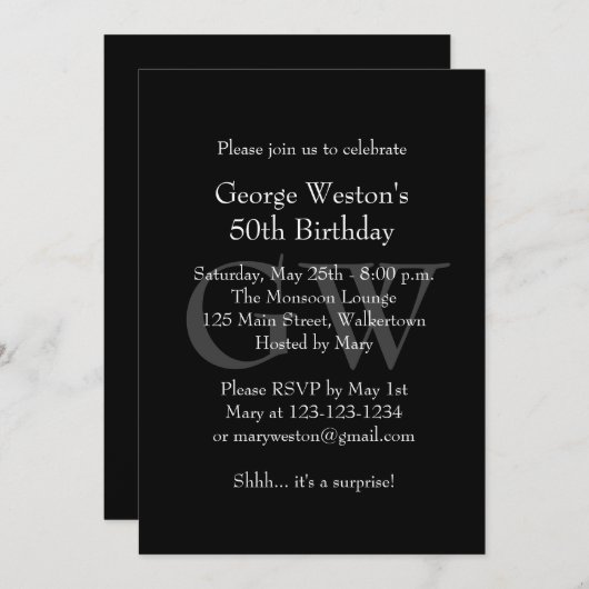 クラシックブラック誕生日招待状 招待状 (正面/裏面)