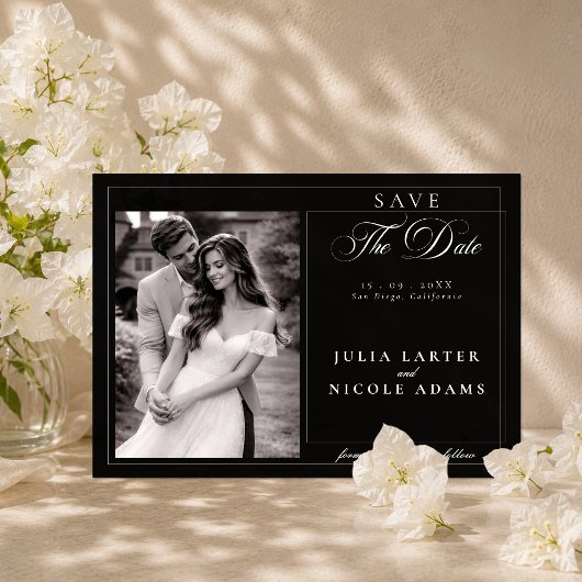 クラシックブラック カリグラフィー写真 Save The Date アクリル招待状