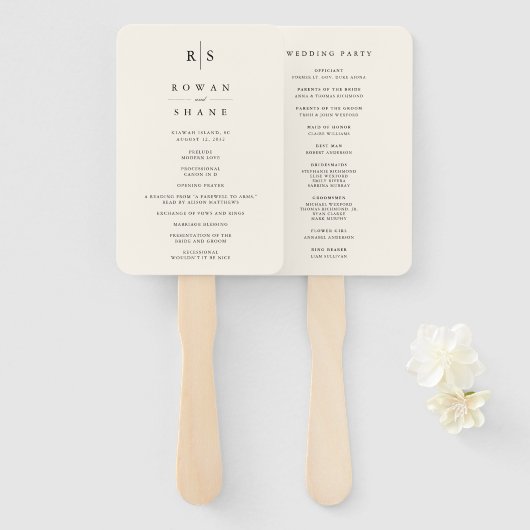 クラシックブラック&ベージュ色モノグラム結婚式 プログラム ハンドファン (正面&裏面)