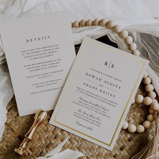 クラシックブラック&ベージュ色モノグラ縁どムズ結婚ズ 箔招待状