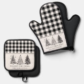 クラシックブラック&ホワイトバッファロープレイドクリスマス 鍋つかみ&鍋敷きセット (正面/裏面)