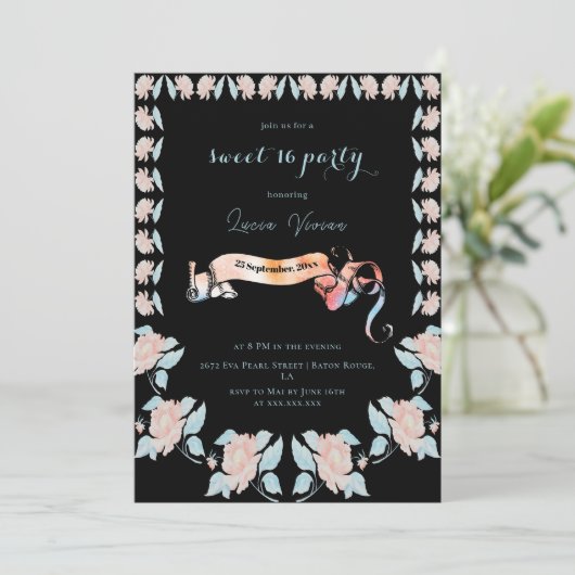 クラシックブラック&ライトピンクフローラ甘い16 招待状 (スタンド正面)
