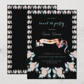クラシックブラック&ライトピンクフローラ甘い16 招待状 (正面/裏面)