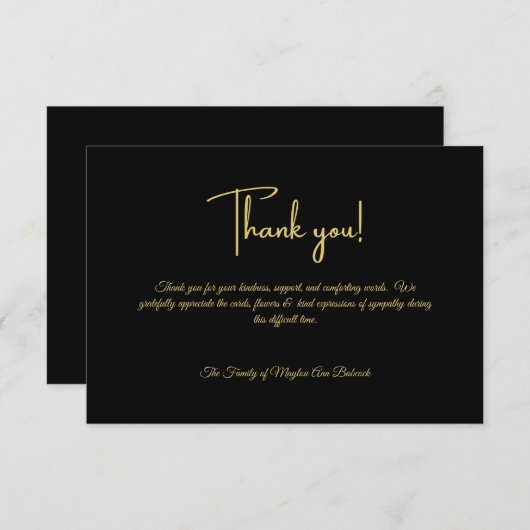 クラシックブラック&金ゴールドブラックパーソナライズされた悔やみや弔慰 サンキューカード (正面/裏面)