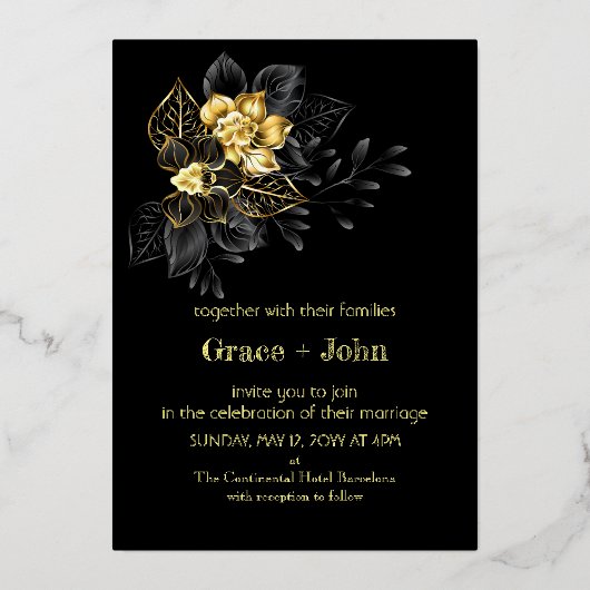 クラシックブラック&金ゴールド刺繍 箔招待状 (正面)