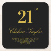 クラシックブラック&金ゴールド21st誕生日紙吹雪パーティー スクエアペーパーコースター (正面)