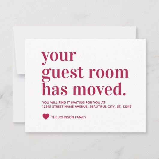 クラシックブルガンディレッドタイポグラフィゲストルームムービング 案内状 (正面)