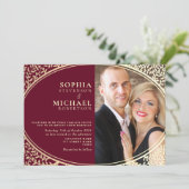 クラシックブルゴーニュと金ゴールドの結婚写真 招待状 (スタンド正面)