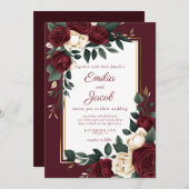 クラシックブルゴーニュホワイトローズフローラ結婚金ゴールドI 招待状 (正面/裏面)