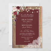クラシックブルゴーニュ赤面ウッドレーススクリプ結婚ト 招待状 (正面)