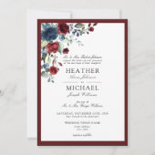 クラシックブルゴーニュ&ネイビーフローラ水彩画 招待状 (正面)