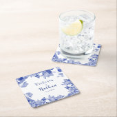 クラシックブルーとホワイトのフローラ結婚ズ スクエアペーパーコースター (インサイチュ)