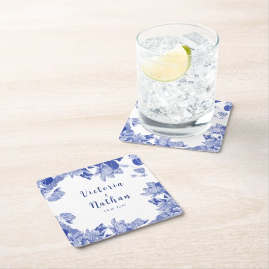 クラシックブルーとホワイトのフローラ結婚ズ スクエアペーパーコースター (インサイチュ)