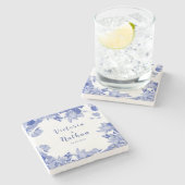 クラシックブルーとホワイトのフローラ結婚ズ ストーンコースター (横)