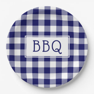 クラシックブルーとホワイトギンガムパターンBBQパーティー ペーパープレート