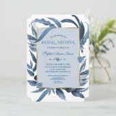 クラシックブルーの葉のゴールドモノグラム ブライダルシャワー 招待状 (スタンド正面)