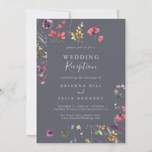 クラシックブルーの野生の花の結婚式の披露宴 招待状 (正面)