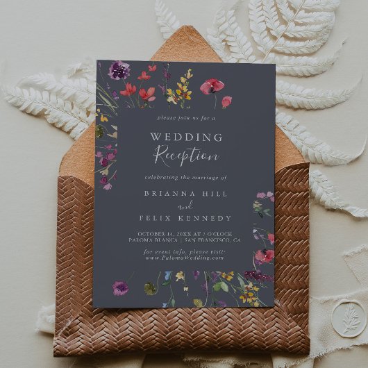 クラシックブルーの野生の花の結婚式の披露宴 招待状