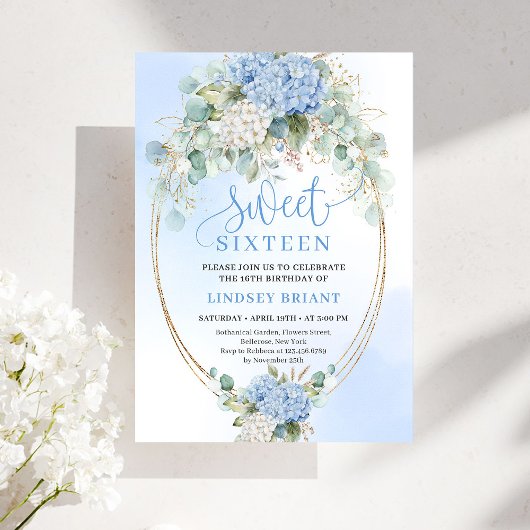 クラシックブルーアジサイ ゴールドフラワー Sweet Sixteen 招待状