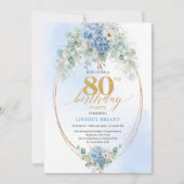 クラシックブルーアジサイ+ユーカリ80歳の誕生日 招待状 (正面)