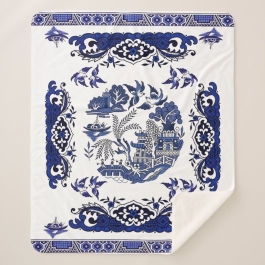 クラシックブルーウィローデザイン シェルパブランケット (正面)