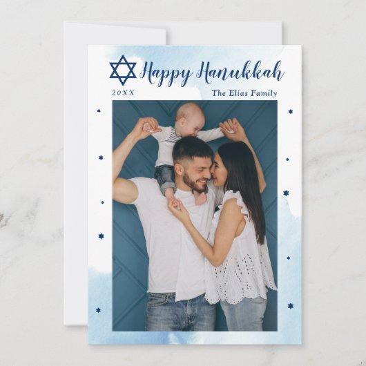 クラシックブルーウォーターカラーハッピーハヌカー写真 シーズンカード (正面)